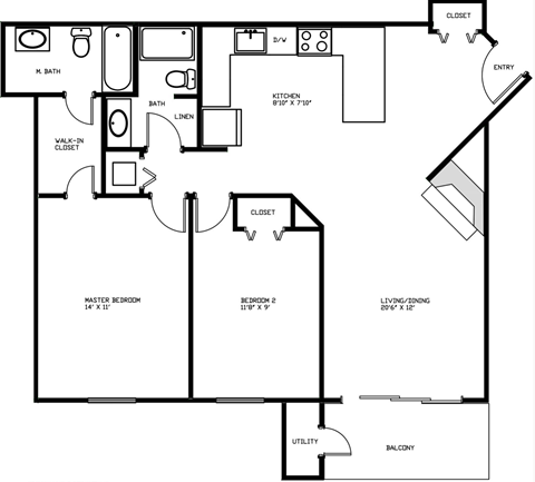 Floor plan for 2 beds, 2 baths, 891 sqft